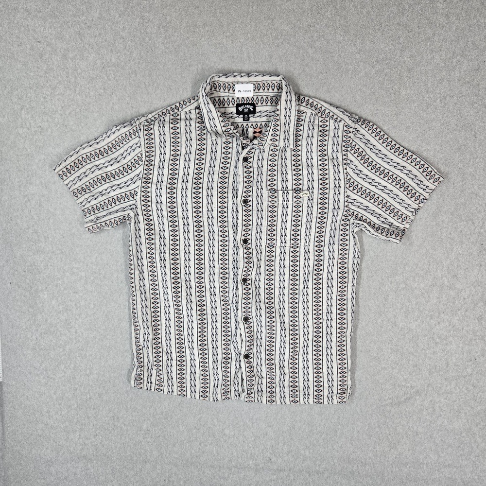 Billabong Men Button Up Shirt M White Geometric Jacquard Short Sleeve